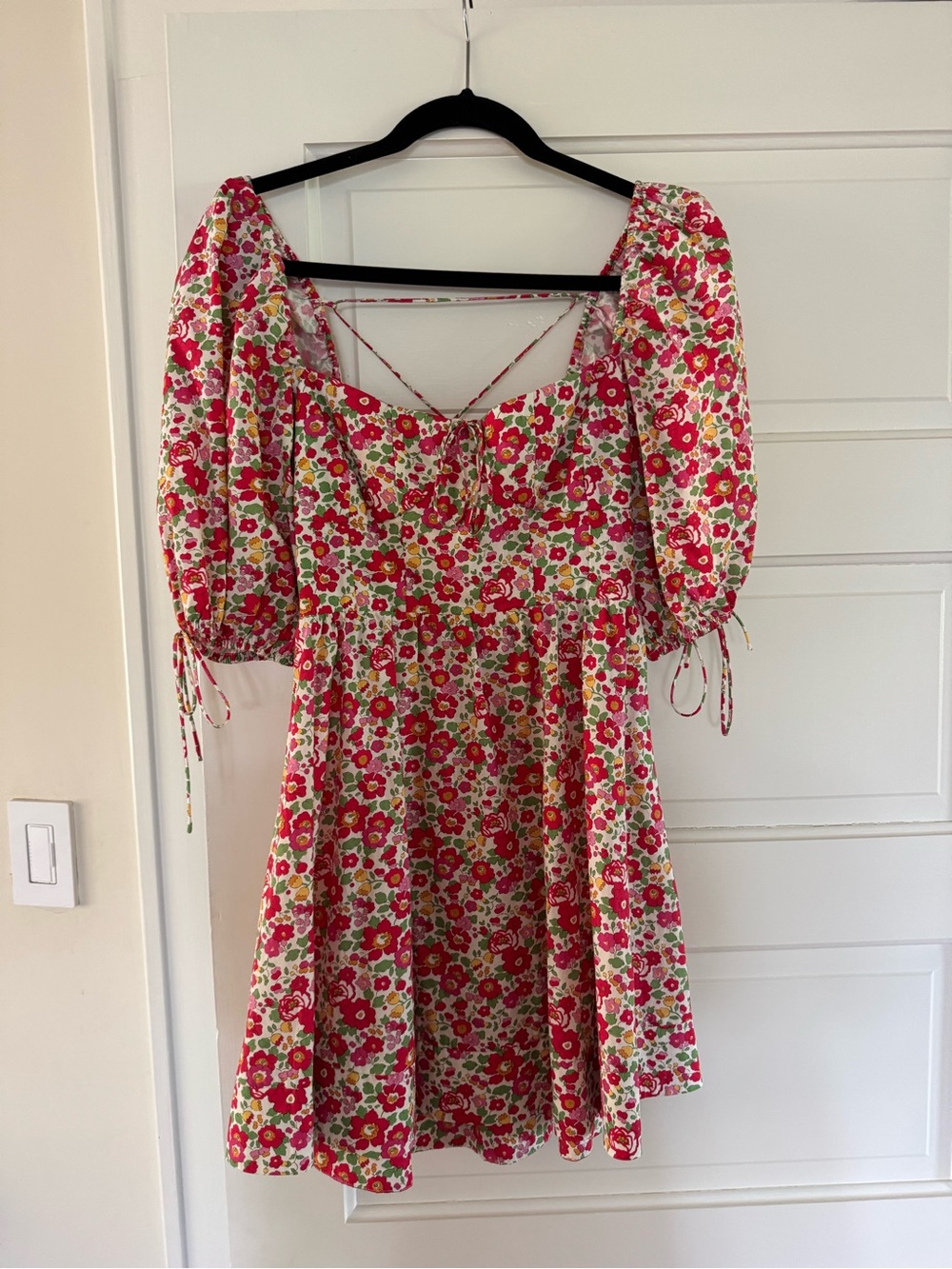 For Love And Lemons Pink and Red Floral Puff-Sleeve Mini Dress